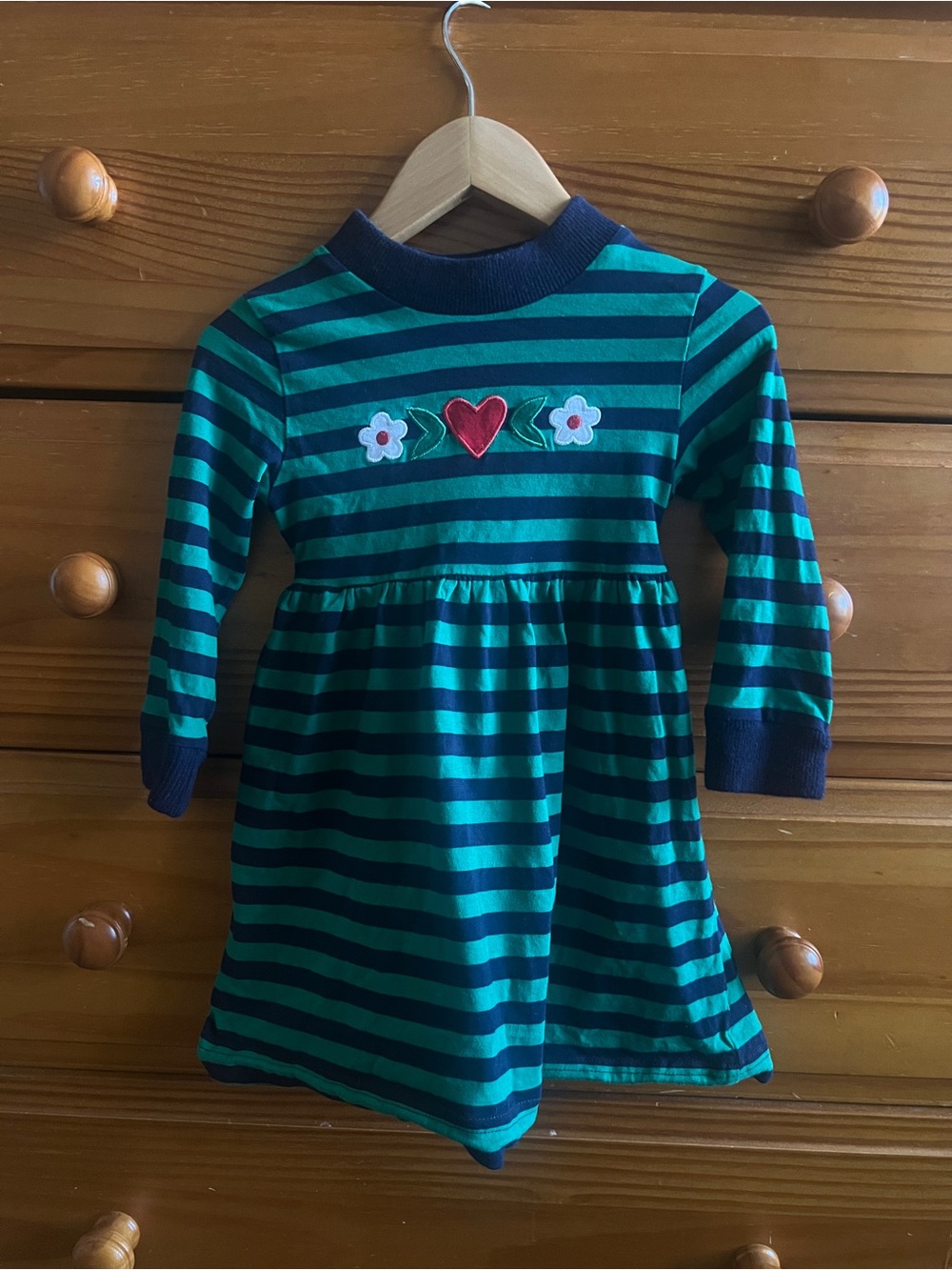 Florence Eiseman Girls Green & Navy Striped Heart Appliqué Dress